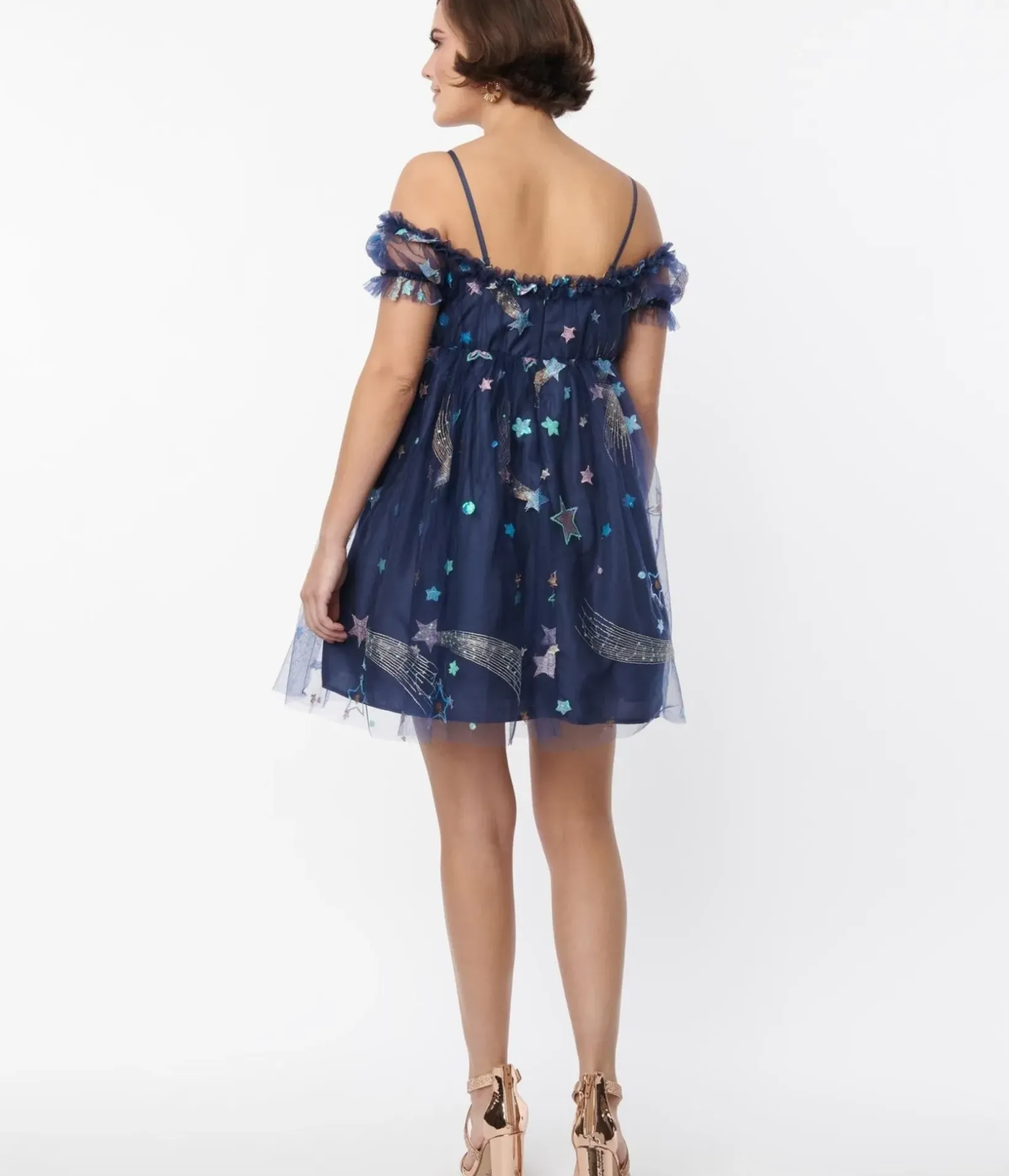 Unique Vintage Babydoll|Babydoll>Smak Parlour Navy Glitter Off the Shoulder Babydoll Dress