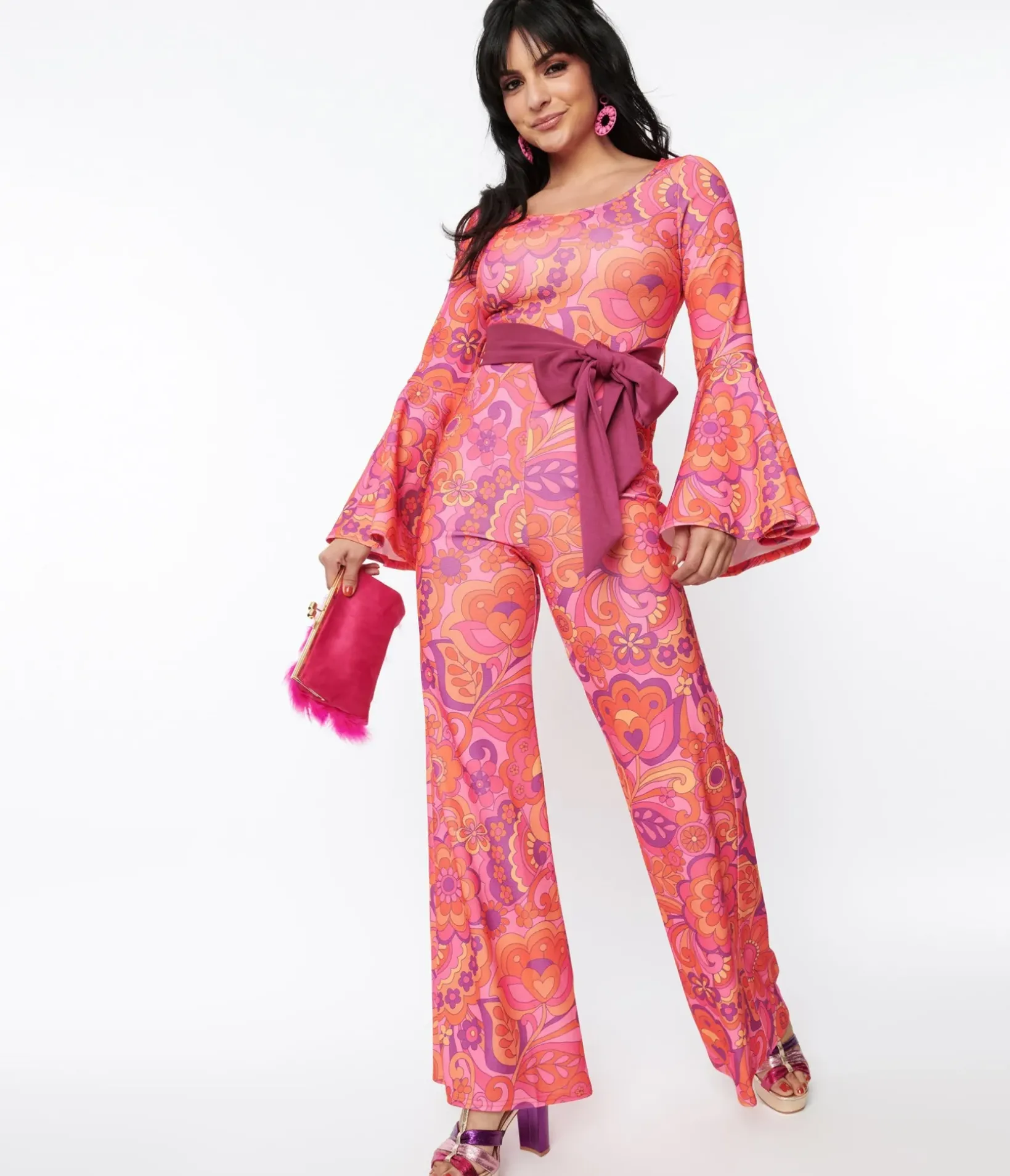 Unique Vintage Rompers & Jumpsuits|All Things Pink>Smak Parlour Pink Mod Floral Bell Sleeve Jumpsuit