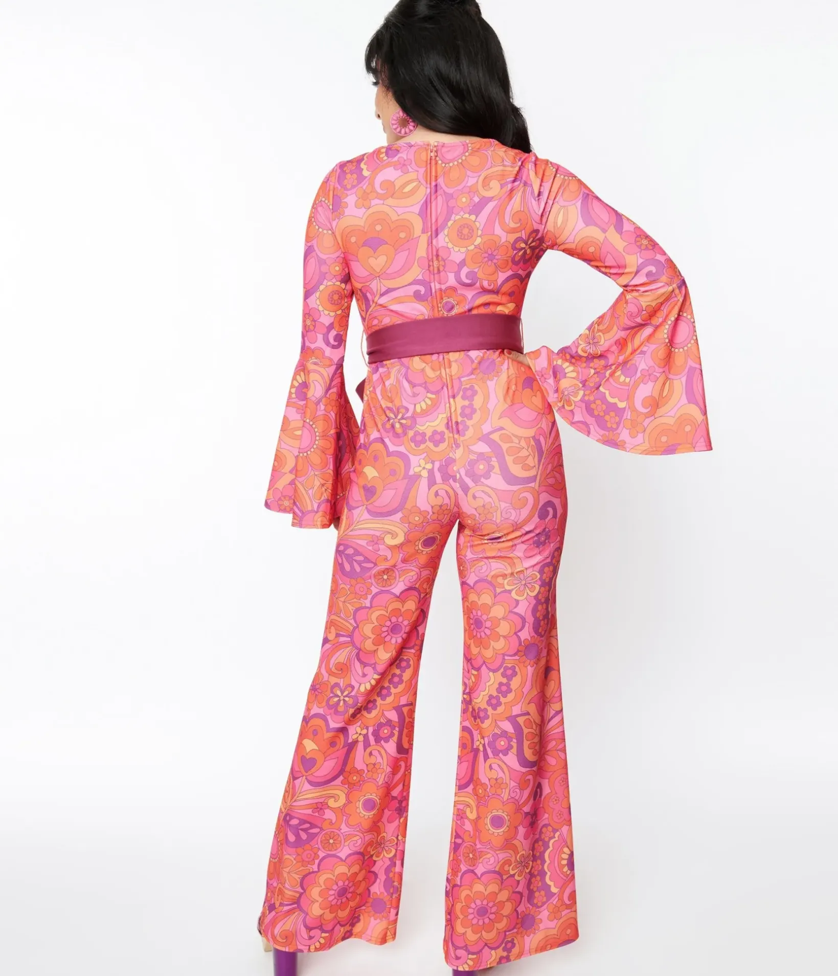 Unique Vintage Rompers & Jumpsuits|All Things Pink>Smak Parlour Pink Mod Floral Bell Sleeve Jumpsuit