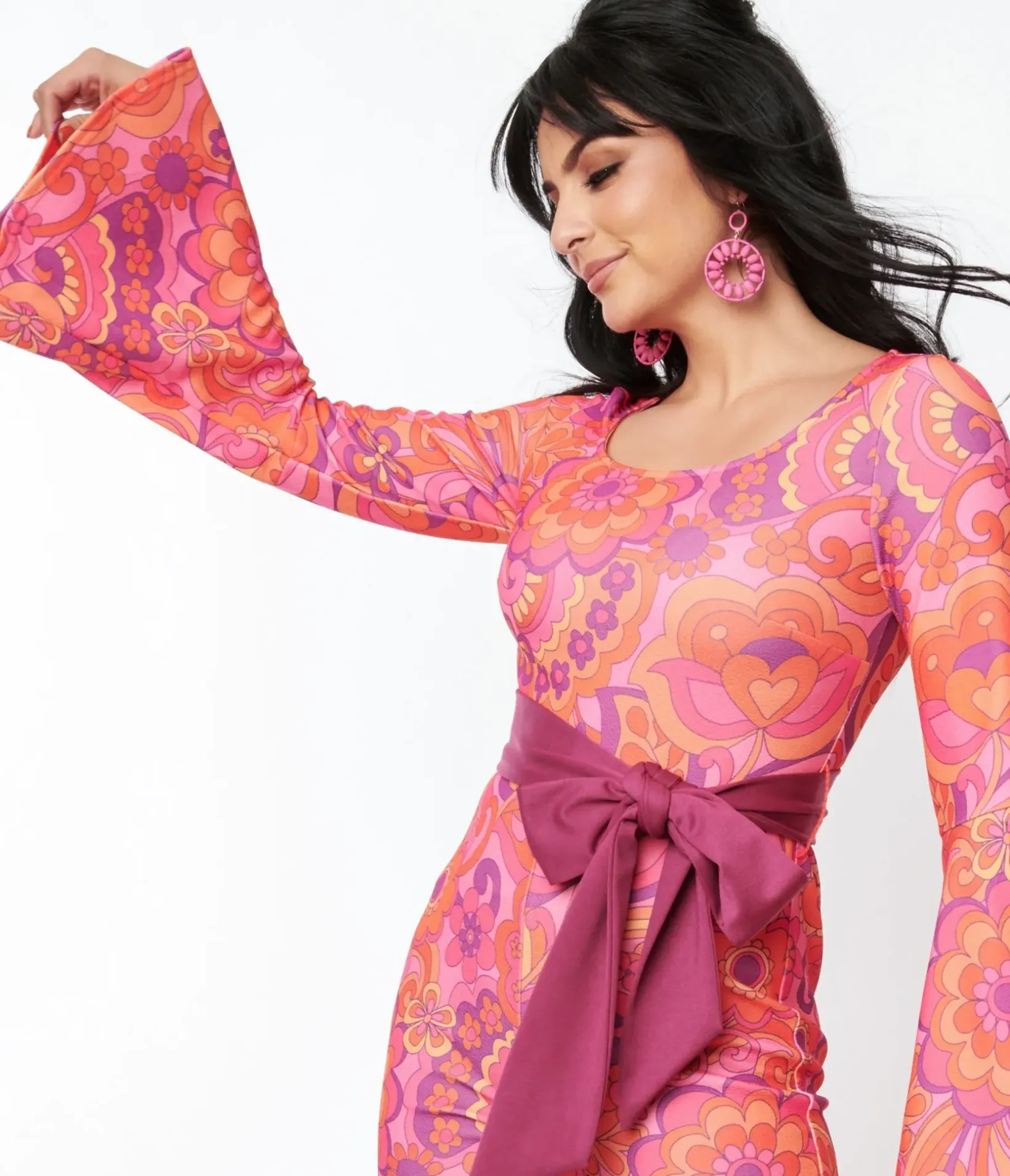 Unique Vintage Rompers & Jumpsuits|All Things Pink>Smak Parlour Pink Mod Floral Bell Sleeve Jumpsuit
