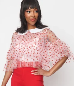 Unique Vintage All Things Pink|All Things Red>Smak Parlour Pink & Red Glitter Hearts Mesh Ruffle Top