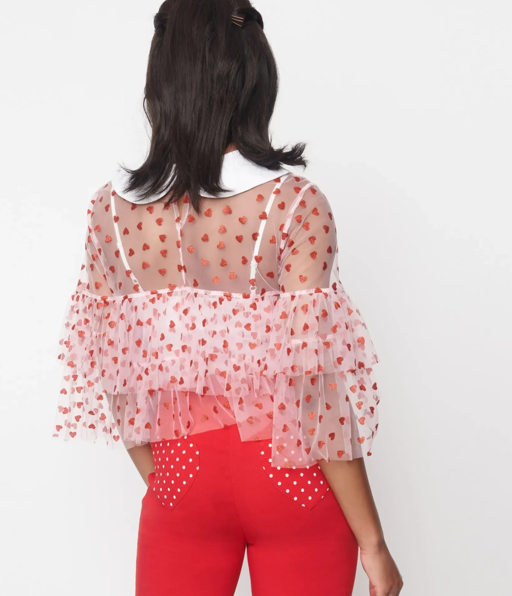 Unique Vintage All Things Pink|All Things Red>Smak Parlour Pink & Red Glitter Hearts Mesh Ruffle Top