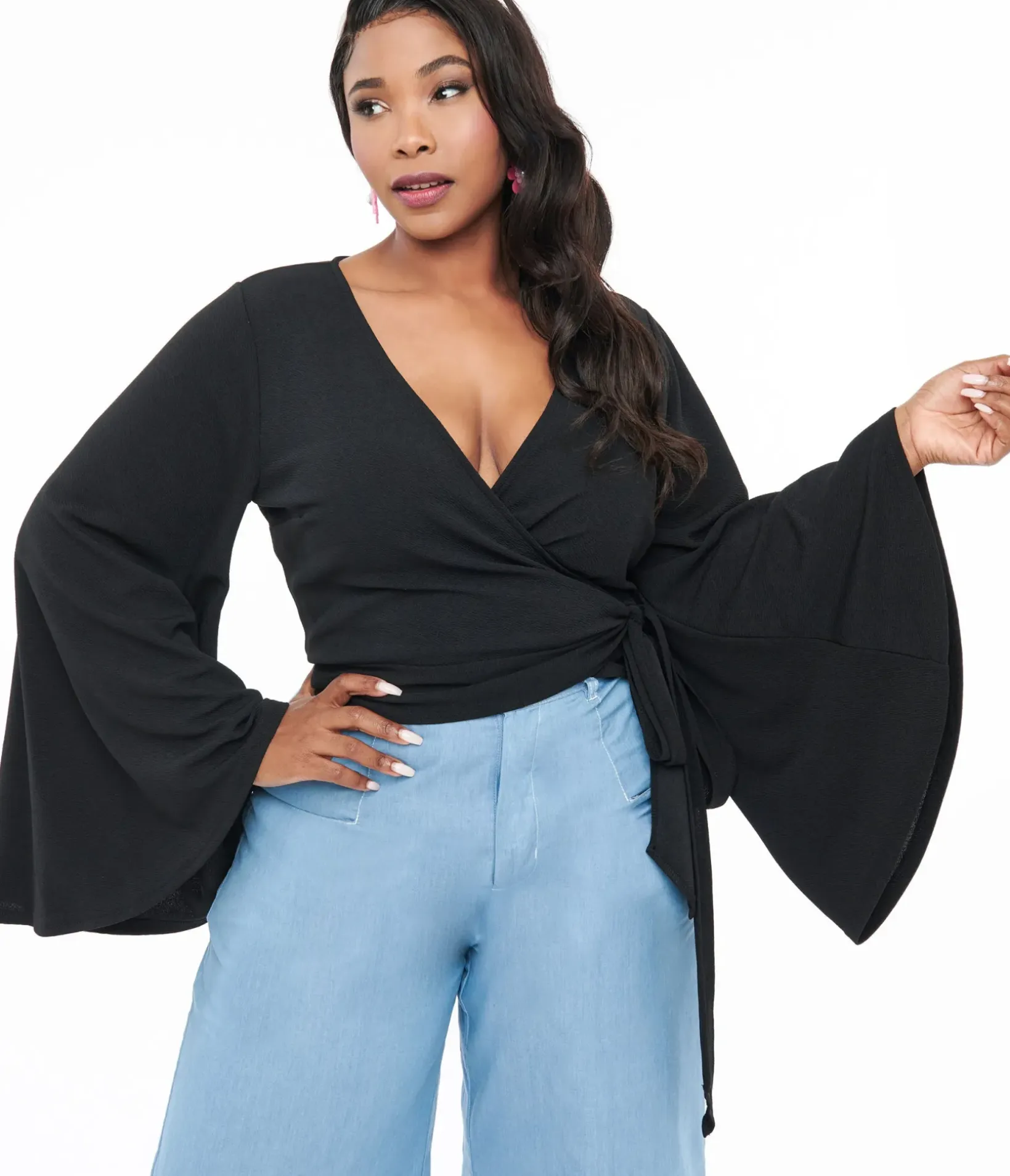 Unique Vintage All Things Black>Smak Parlour Plus Size Black Bell Sleeve Wrap Top
