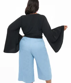 Unique Vintage All Things Black>Smak Parlour Plus Size Black Bell Sleeve Wrap Top
