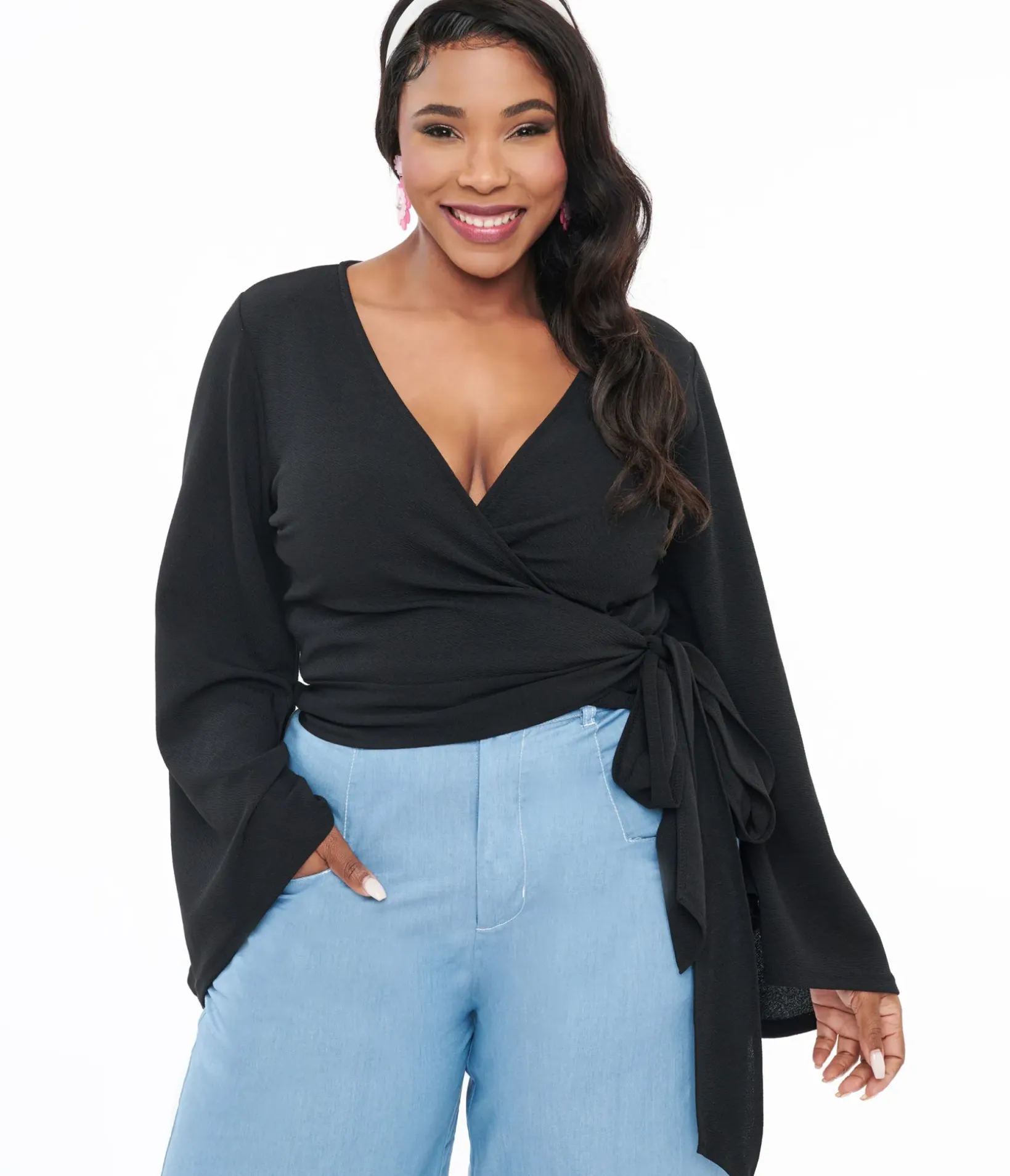 Unique Vintage All Things Black>Smak Parlour Plus Size Black Bell Sleeve Wrap Top