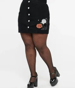 Unique Vintage All Things Black>Smak Parlour Plus Size Black Cotton Corduroy & Cat Match Game Mini Skirt