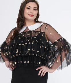 Unique Vintage Blouses|Blouses>Smak Parlour Plus Size Black Daisy Mesh Ruffle Top