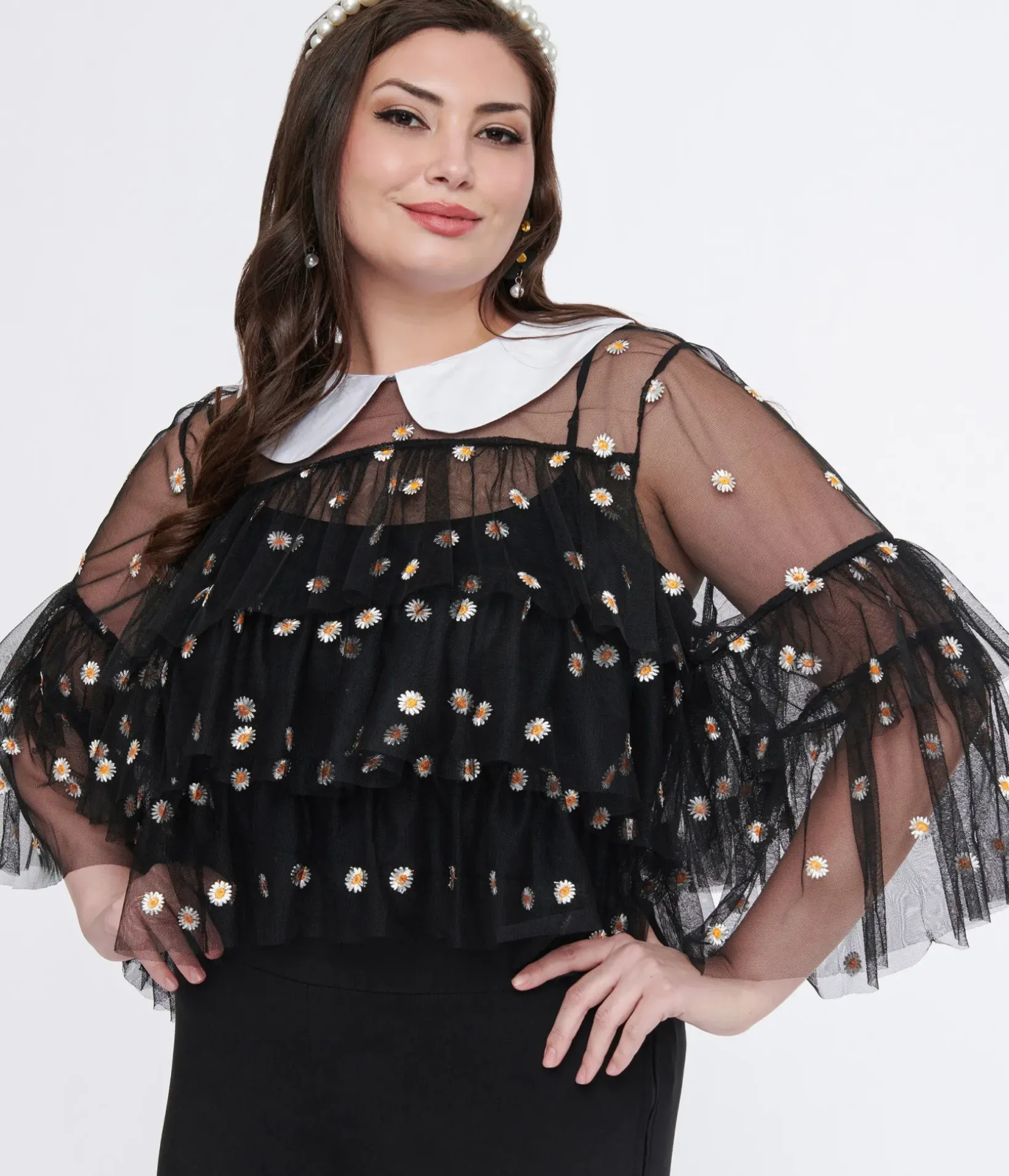 Unique Vintage Blouses|Blouses>Smak Parlour Plus Size Black Daisy Mesh Ruffle Top