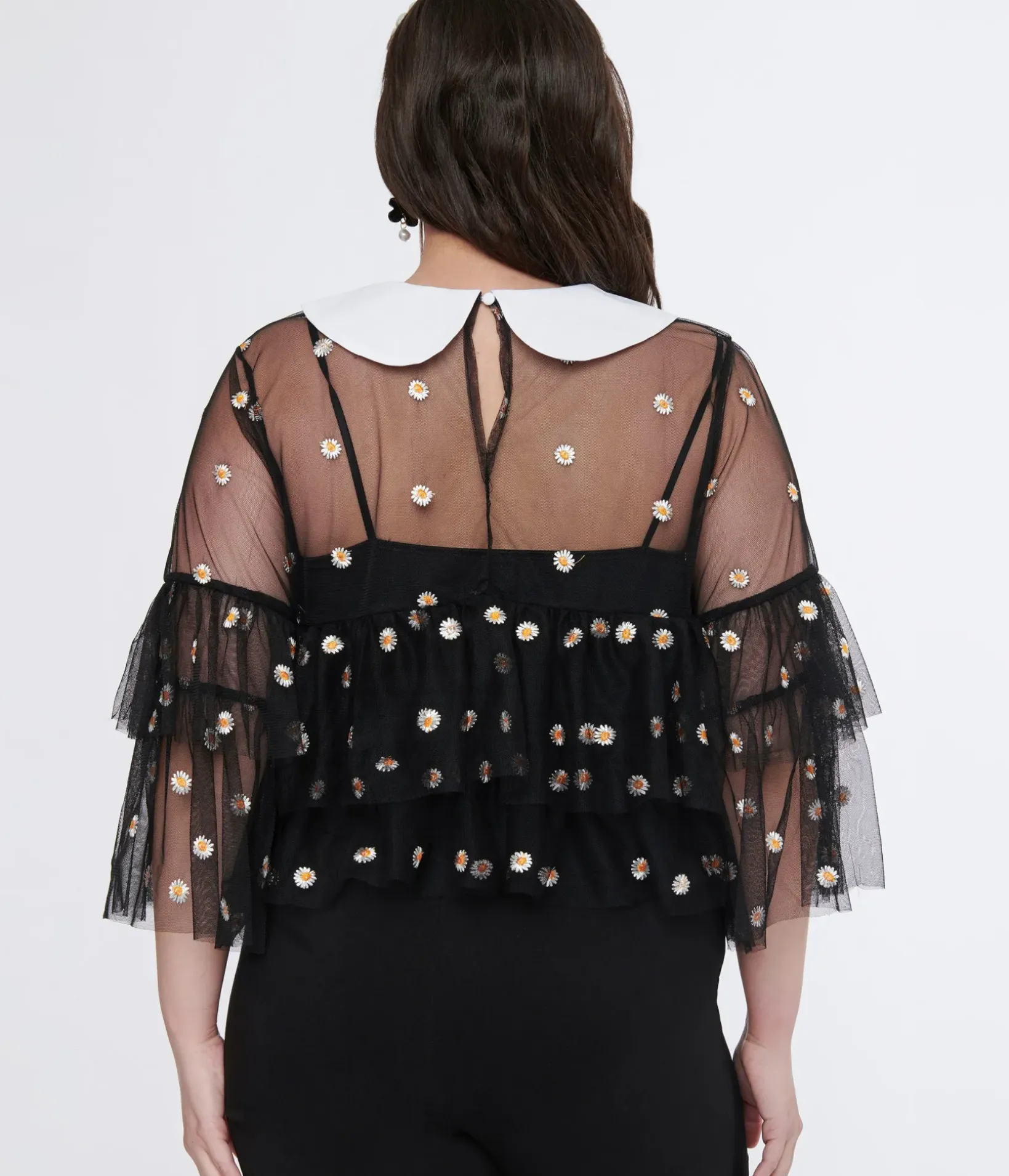 Unique Vintage Blouses|Blouses>Smak Parlour Plus Size Black Daisy Mesh Ruffle Top