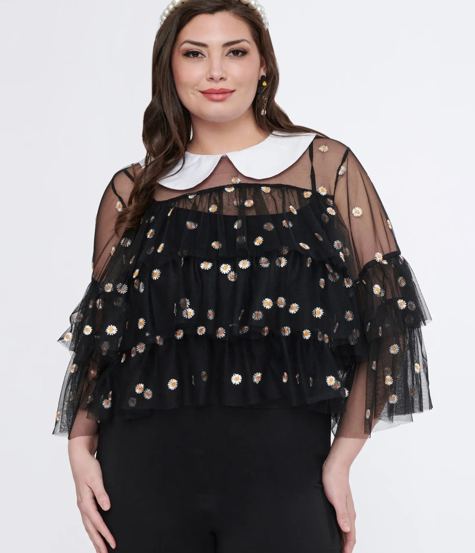 Unique Vintage Blouses|Blouses>Smak Parlour Plus Size Black Daisy Mesh Ruffle Top
