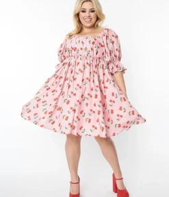 Unique Vintage Babydoll|Babydoll>Smak Parlour Plus Size Pink & Cherries Love Interest Babydoll Dress
