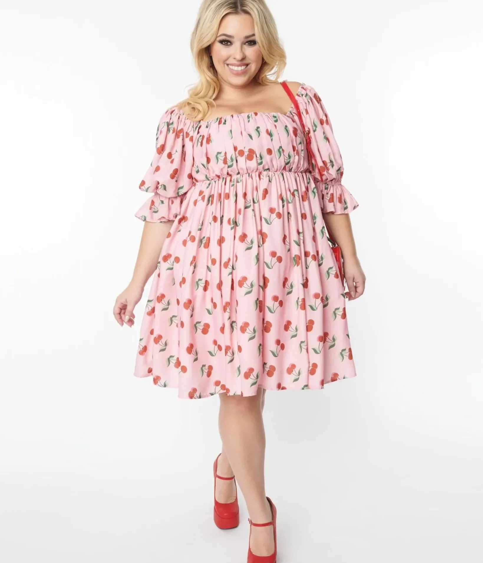 Unique Vintage Babydoll|Babydoll>Smak Parlour Plus Size Pink & Cherries Love Interest Babydoll Dress