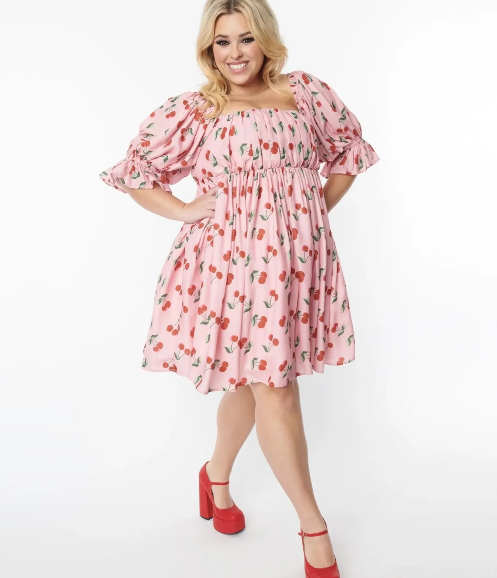 Unique Vintage Babydoll|Babydoll>Smak Parlour Plus Size Pink & Cherries Love Interest Babydoll Dress