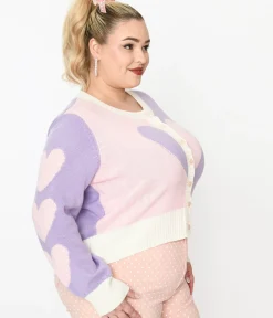 Unique Vintage Sweaters & Cardigans|Sweaters & Cardigans>Smak Parlour Plus Size Pink & Lavender Hearts Cardigan