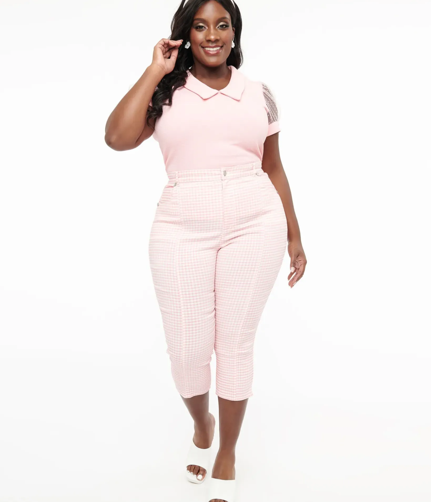 Unique Vintage All Things Pink>Smak Parlour Plus Size Pink & White Gingham Capri Pants