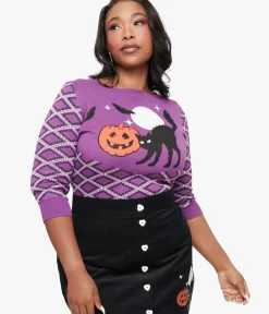 Unique Vintage Sweaters & Cardigans|Sweaters & Cardigans>Smak Parlour Plus Size Purple Plaid & Black Cat Sweater