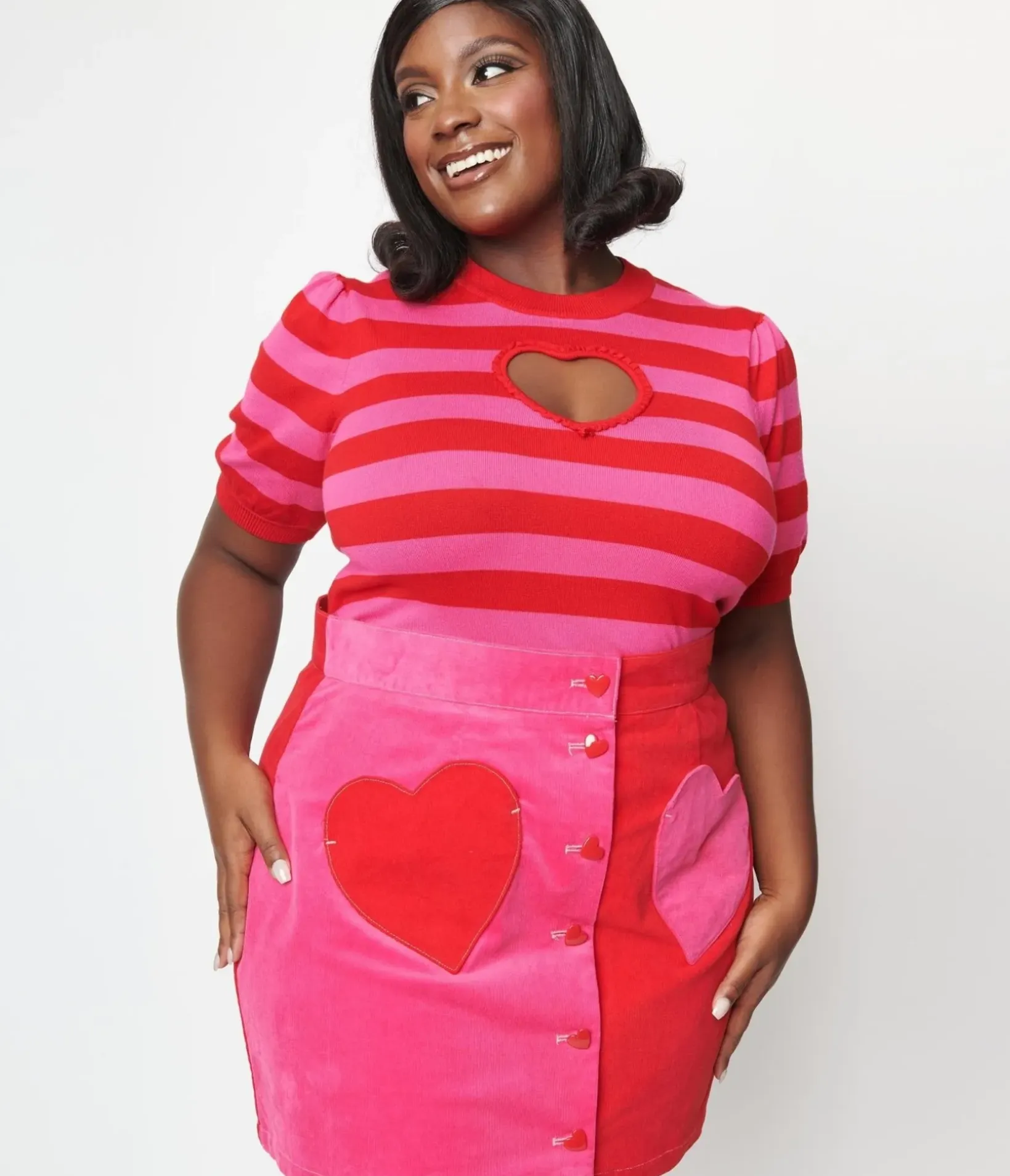 Unique Vintage All Things Pink|All Things Red>Smak Parlour Plus Size Red & Pink Stripe Keyhole Heart Sweater