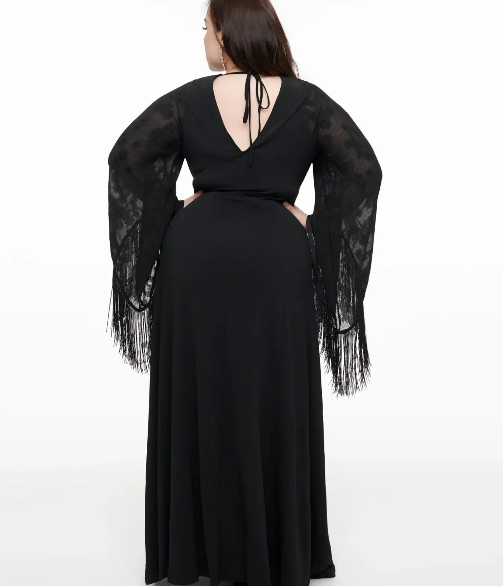 Unique Vintage Maxi|Midi & Maxi>Smak Parlour Plus Size 1970s Black Floral Fringe Sleeve Maxi Dress