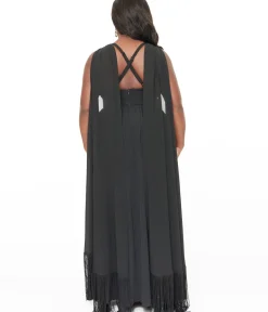 Unique Vintage Maxi|Midi & Maxi>Smak Parlour Plus Size 1970s Black Fringe Cape Maxi Dress