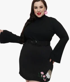 Unique Vintage All Things Black|Work Wear>Smak Parlour Plus Size 1960s Black Mock Neck Bell Sleeve Top