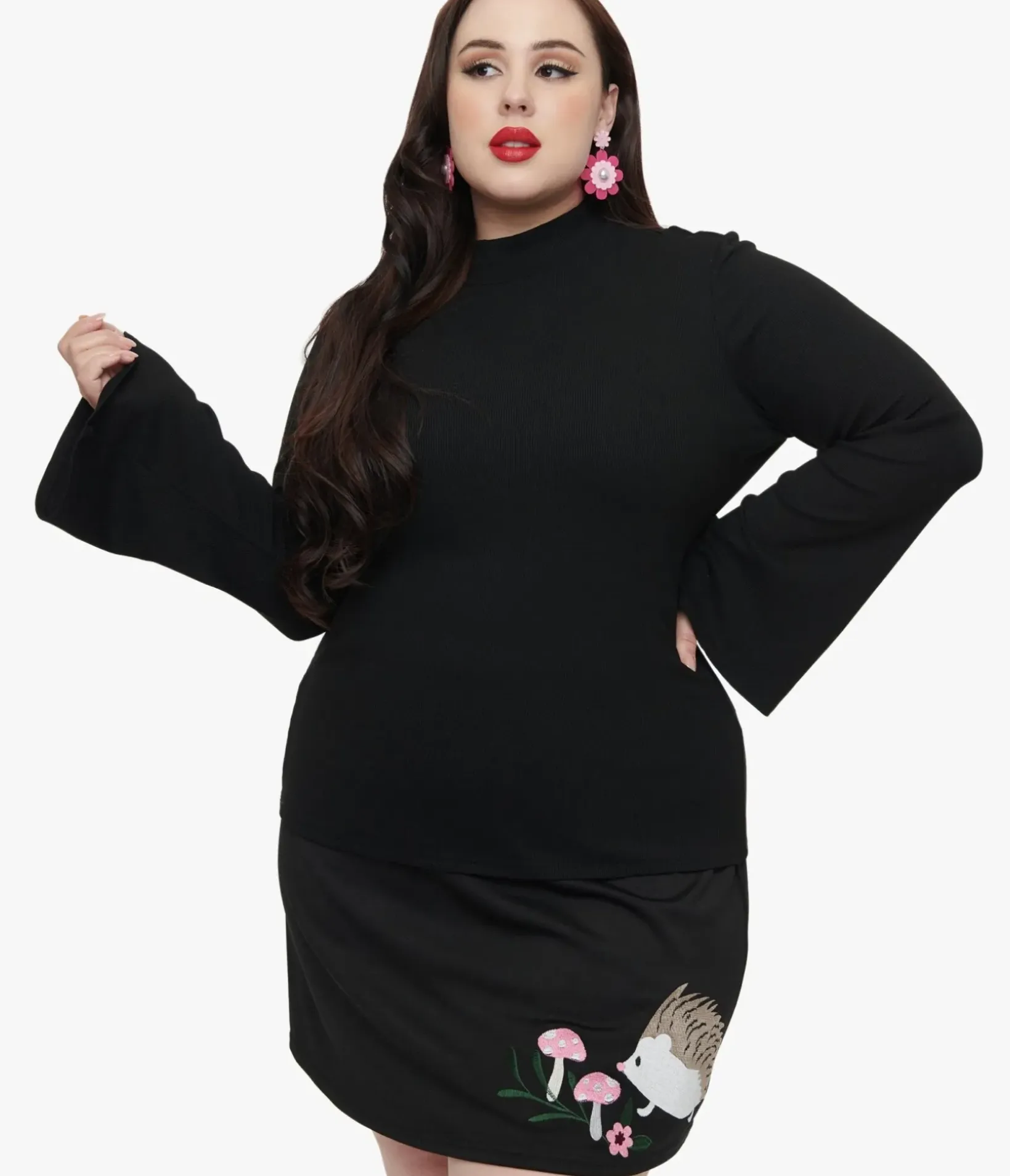 Unique Vintage All Things Black|Work Wear>Smak Parlour Plus Size 1960s Black Mock Neck Bell Sleeve Top