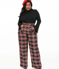 Unique Vintage Pants|Pants>Smak Parlour Plus Size 1960s Black & Red Plaid Wide Leg Trousers