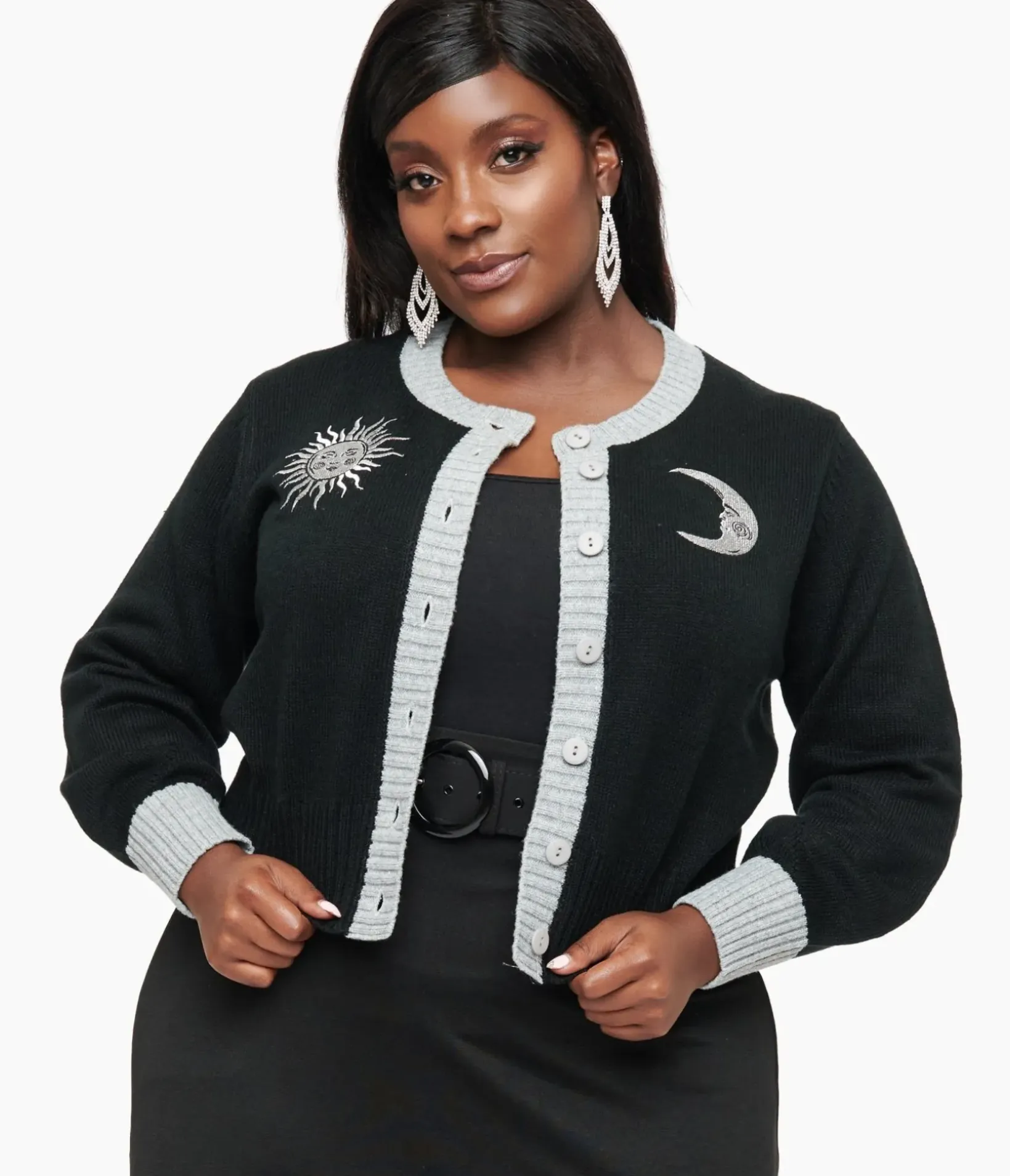 Unique Vintage Sweaters & Cardigans|Sweaters & Cardigans>Smak Parlour Plus Size 1960s Black & Silver Celestial Embroidered Cropped Cardigan