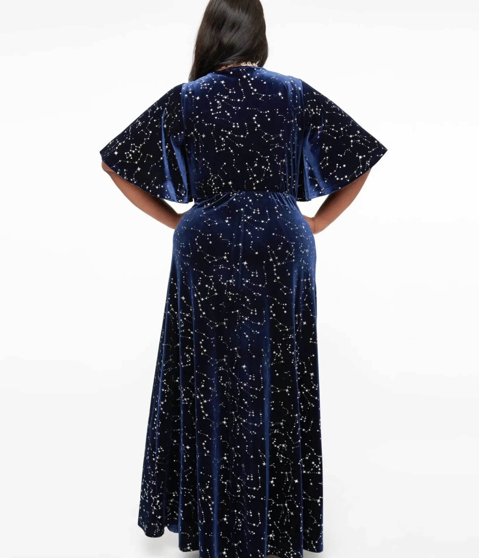 Unique Vintage Maxi|Midi & Maxi>Smak Parlour Plus Size 1970s Blue Velvet Silver Stars Cutout Maxi Dress