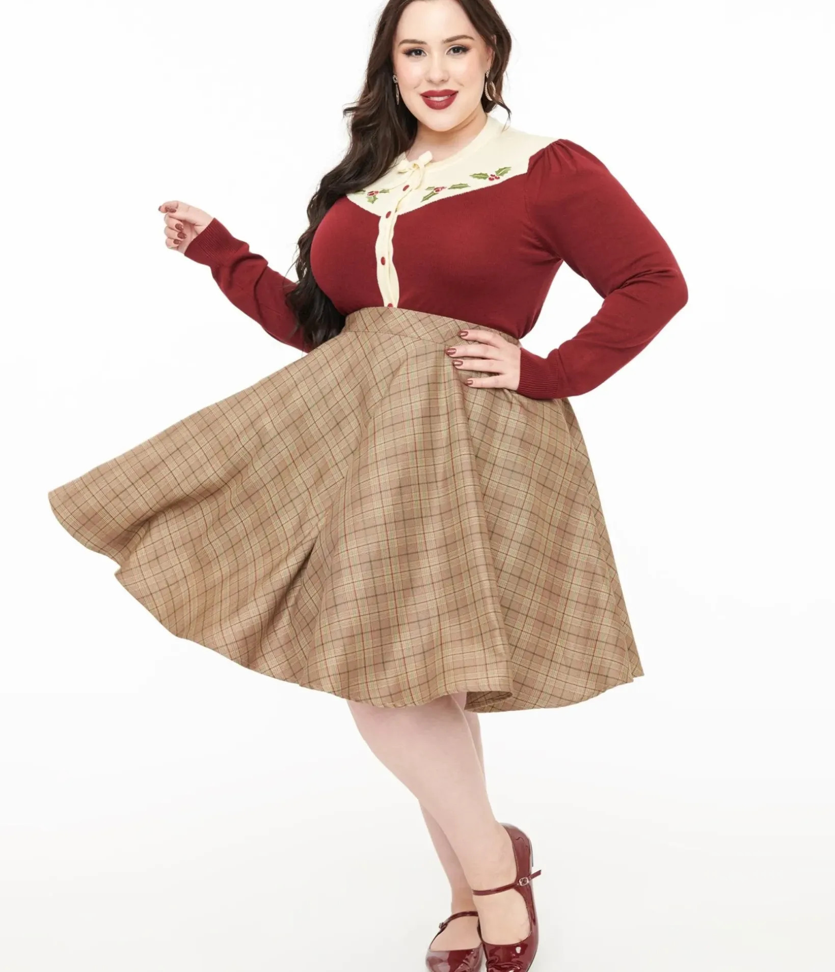 Unique Vintage Skirts|Skirts>Smak Parlour Plus Size 1960s Brown & Green Plaid Scene Flare Skirt