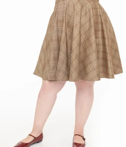 Unique Vintage Skirts|Skirts>Smak Parlour Plus Size 1960s Brown & Green Plaid Scene Flare Skirt