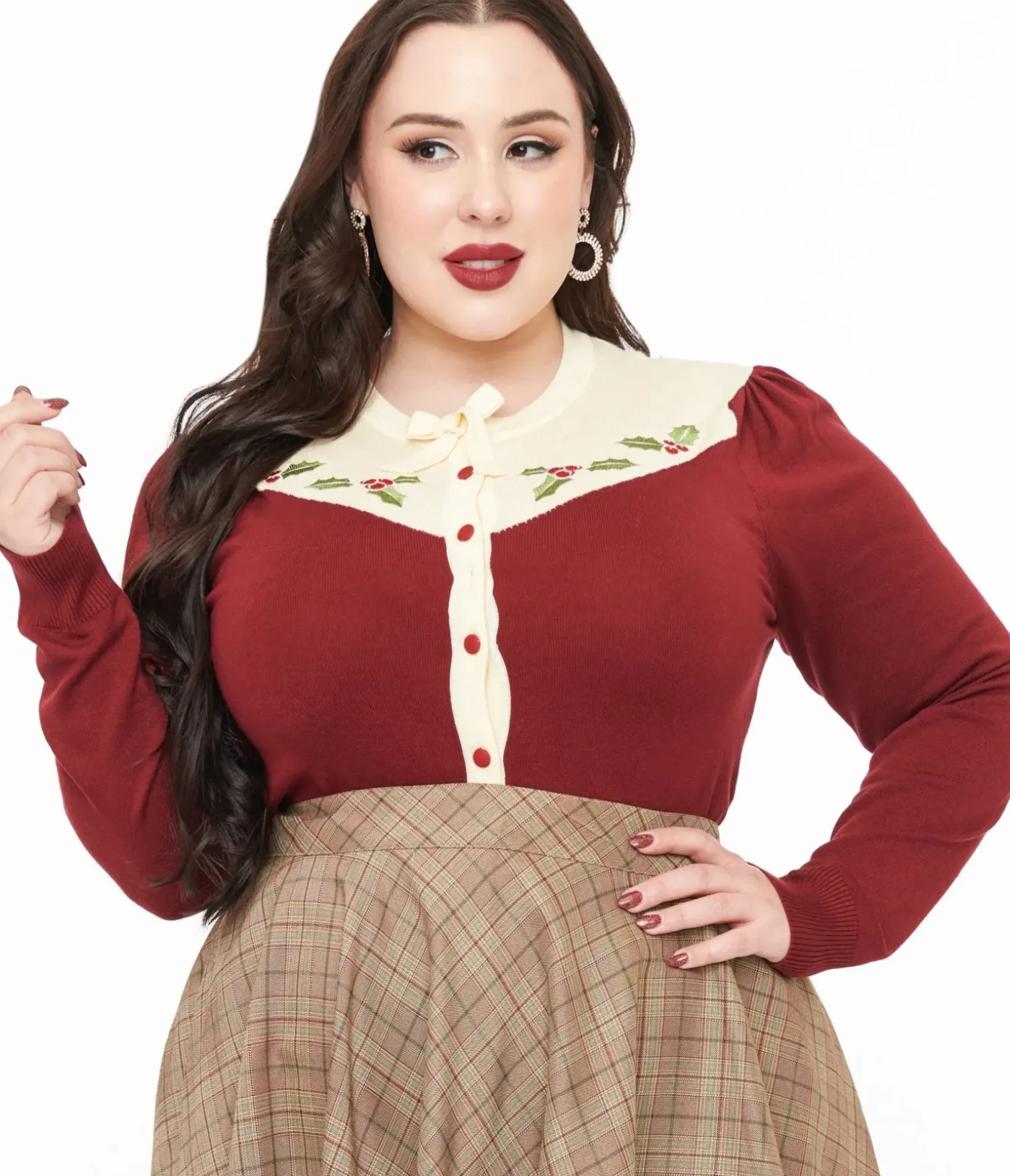 Unique Vintage Sweaters & Cardigans>Smak Parlour Plus Size 1960s Burgundy & Ivory Mistletoe Cardigan