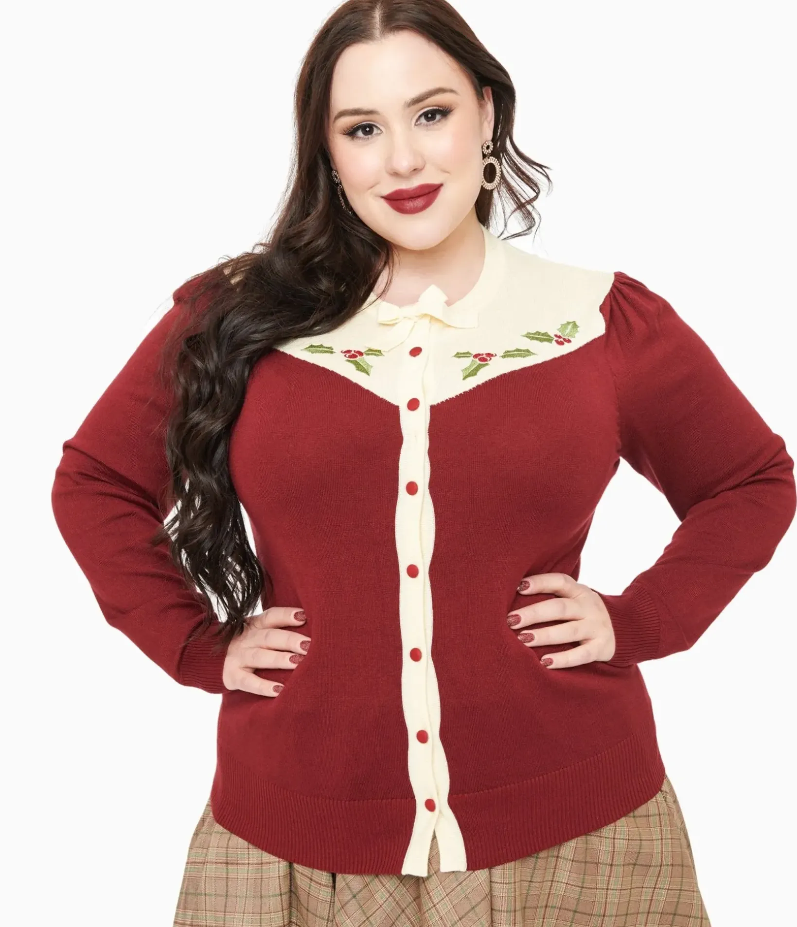 Unique Vintage Sweaters & Cardigans>Smak Parlour Plus Size 1960s Burgundy & Ivory Mistletoe Cardigan