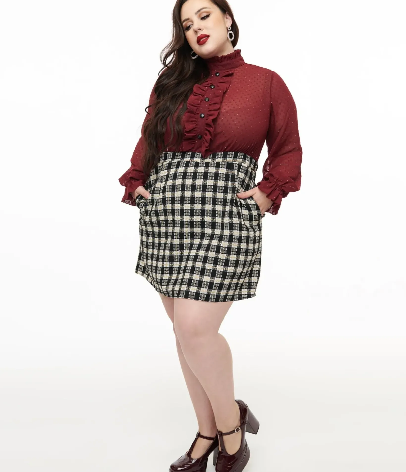 Unique Vintage Pocket Dresses|Everyday Dresses>Smak Parlour Plus Size 1960s Burgundy & Plaid Ruffle Neck Empire A-Line Dress