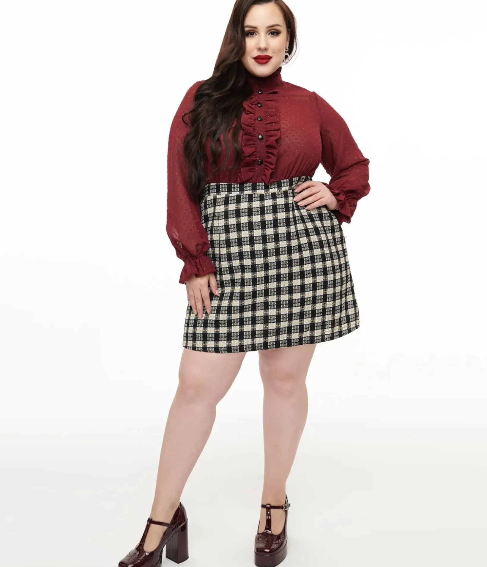 Unique Vintage Pocket Dresses|Everyday Dresses>Smak Parlour Plus Size 1960s Burgundy & Plaid Ruffle Neck Empire A-Line Dress
