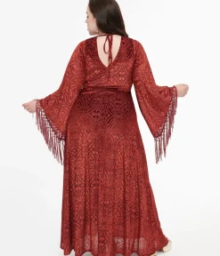 Unique Vintage Maxi|Midi & Maxi>Smak Parlour Plus Size 1970s Burgundy Velvet Burnout Fringe Sleeve Maxi Dress