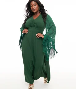 Unique Vintage Maxi|Everyday Dresses>Smak Parlour Plus Size 1970s Green Fringe Sleeve Maxi Dress