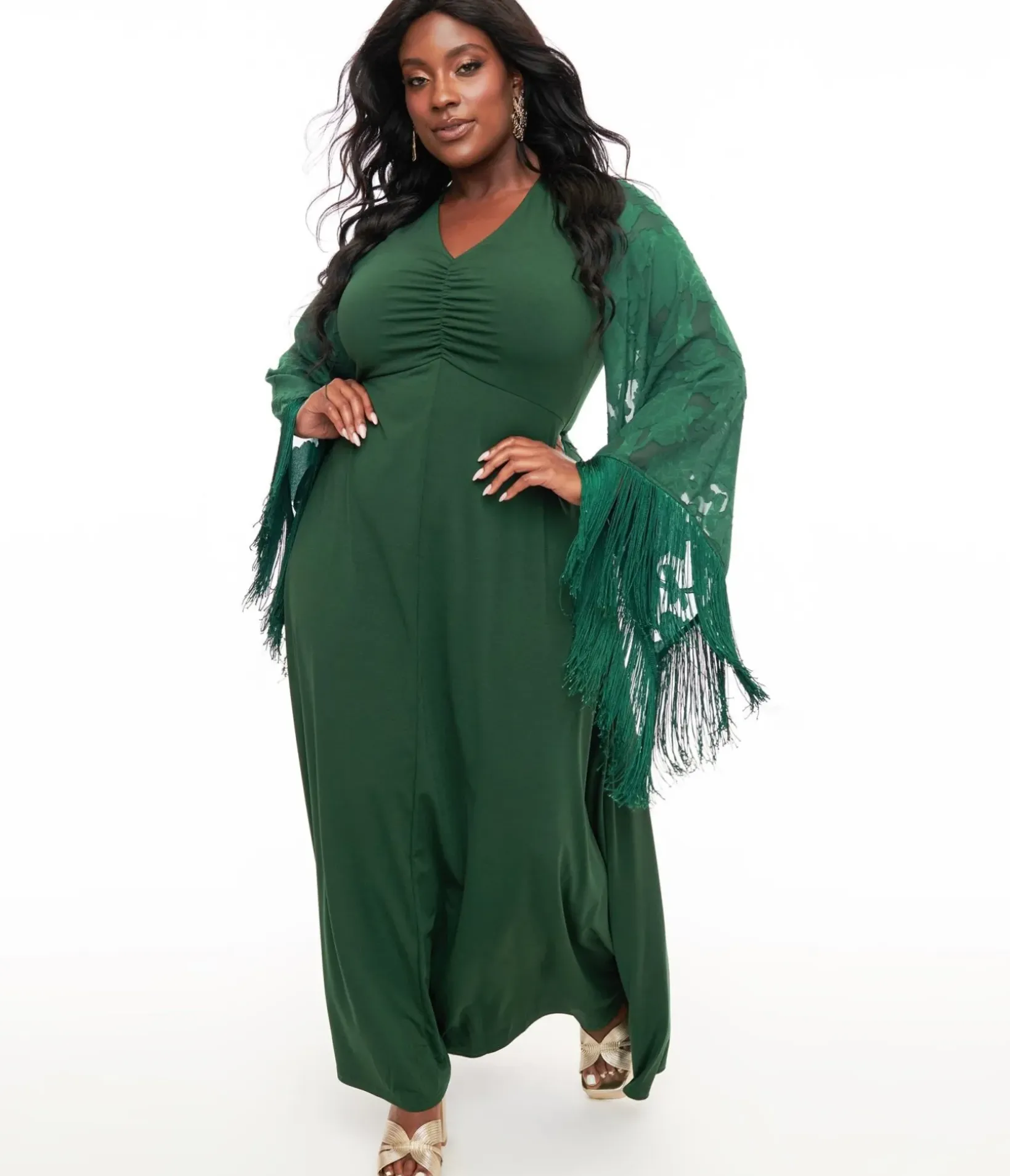 Unique Vintage Maxi|Everyday Dresses>Smak Parlour Plus Size 1970s Green Fringe Sleeve Maxi Dress