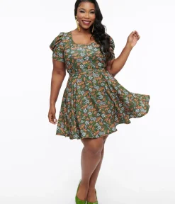 Unique Vintage Fit & Flare|Pocket Dresses>Smak Parlour Plus Size 1960s Green & Orange Mushroom Group Chat Flare Dress