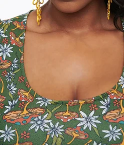 Unique Vintage Fit & Flare|Pocket Dresses>Smak Parlour Plus Size 1960s Green & Orange Mushroom Group Chat Flare Dress