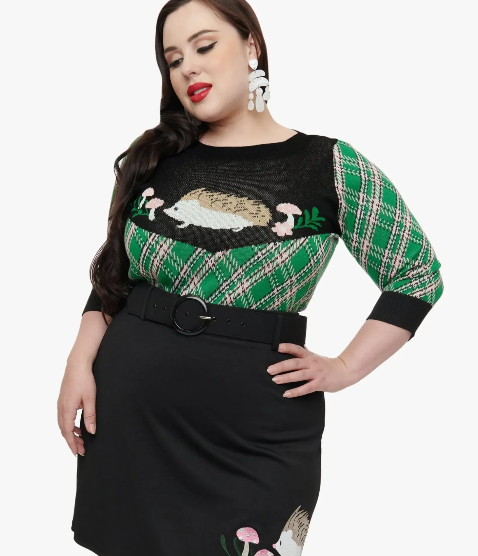 Unique Vintage Sweaters & Cardigans|Sweaters & Cardigans>Smak Parlour Plus Size 1960s Green Plaid & Hedgehog Sweater