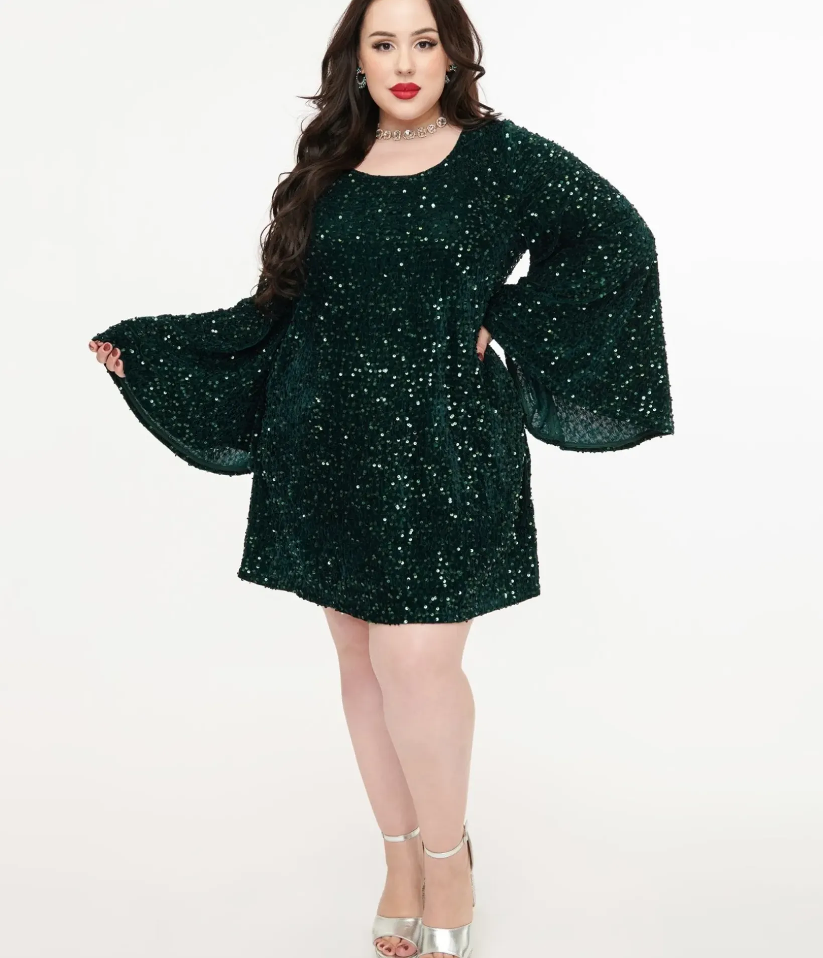 Unique Vintage Fit & Flare|Pocket Dresses>Smak Parlour Plus Size 1960s Green Sequin Downtown Scene Mini Dress