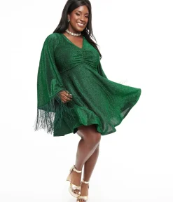 Unique Vintage Fit & Flare|Fit & Flare>Smak Parlour Plus Size 1970s Green Sparkle & Fringe Bell Sleeves Dress
