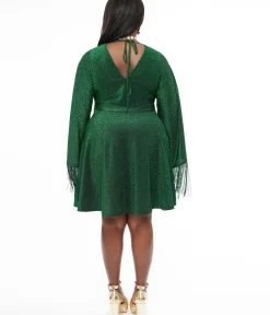 Unique Vintage Fit & Flare|Fit & Flare>Smak Parlour Plus Size 1970s Green Sparkle & Fringe Bell Sleeves Dress