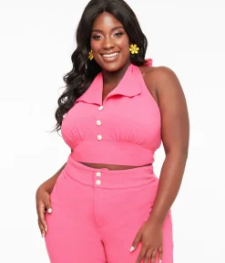 Unique Vintage All Things Pink>Smak Parlour Plus Size 1960s Hot Pink Halter Crop Top