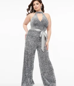 Unique Vintage Rompers & Jumpsuits>Smak Parlour Plus Size Silver Sequin Glamour Goddess Jumpsuit