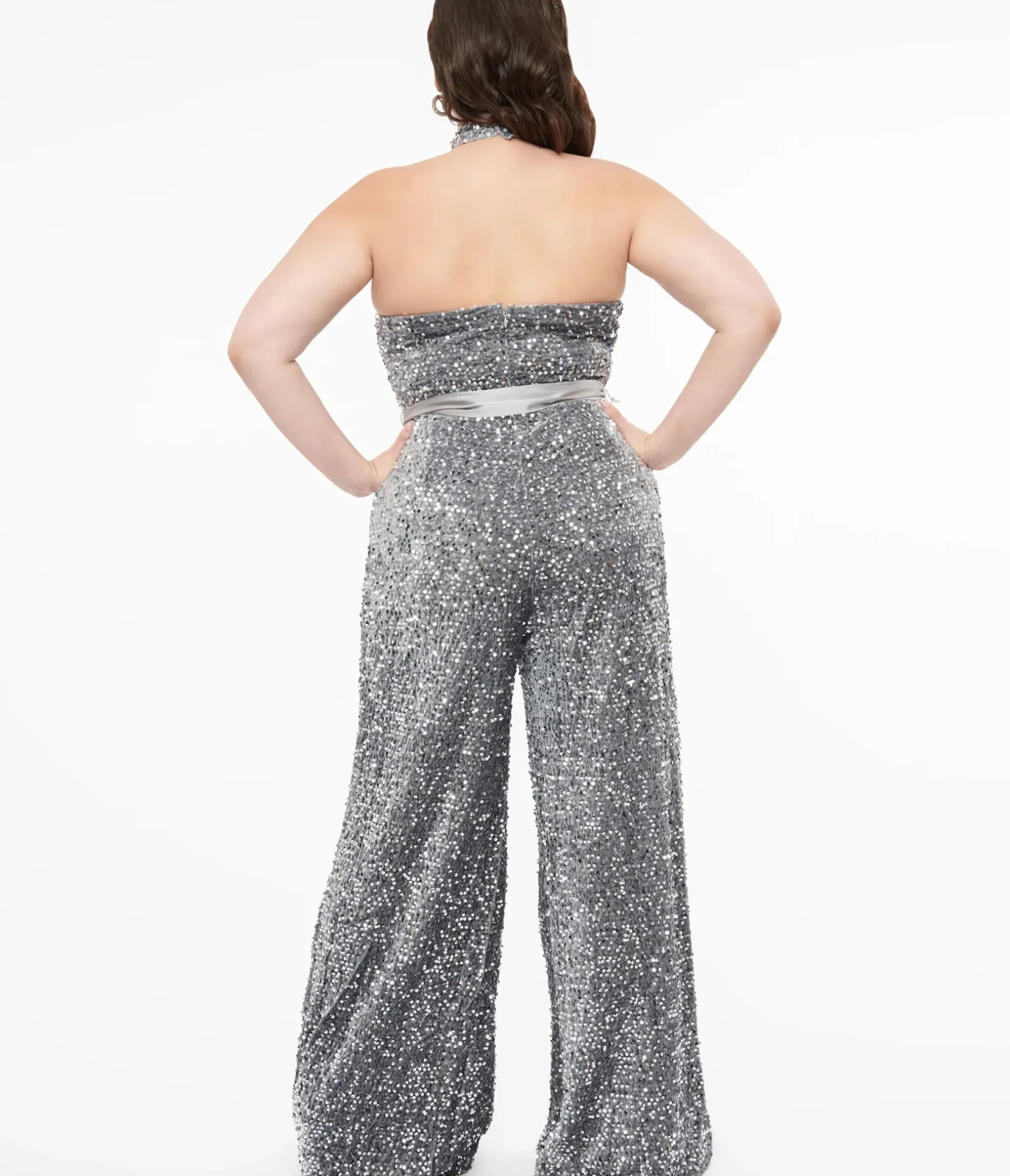 Unique Vintage Rompers & Jumpsuits>Smak Parlour Plus Size Silver Sequin Glamour Goddess Jumpsuit