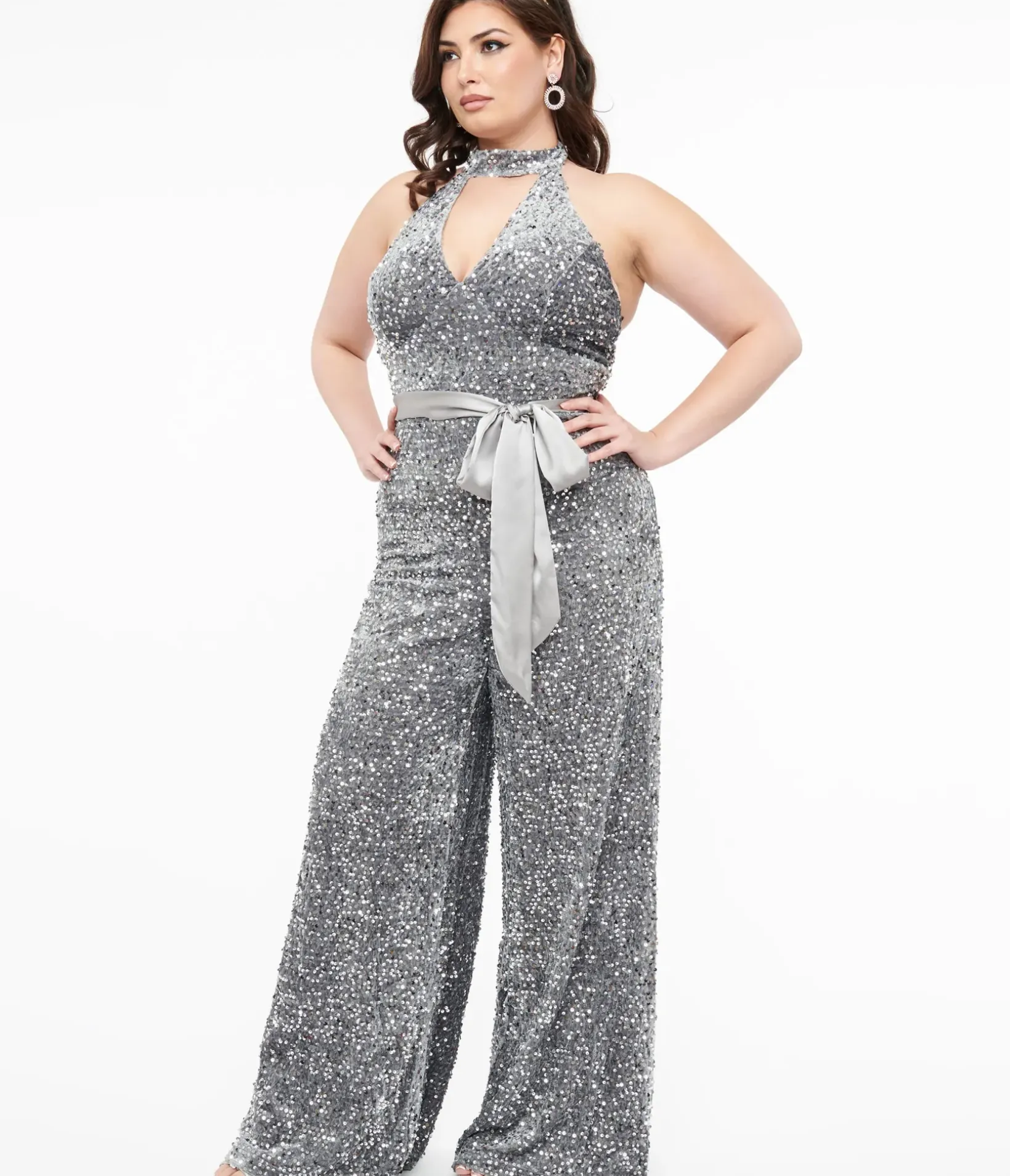 Unique Vintage Rompers & Jumpsuits>Smak Parlour Plus Size Silver Sequin Glamour Goddess Jumpsuit