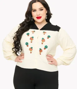 Unique Vintage Sweaters & Cardigans>Smak Parlour Plus Size 1960s Ivory & Black Mushroom Embroidered Cardigan