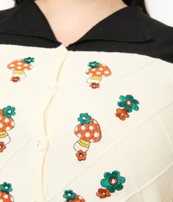 Unique Vintage Sweaters & Cardigans>Smak Parlour Plus Size 1960s Ivory & Black Mushroom Embroidered Cardigan
