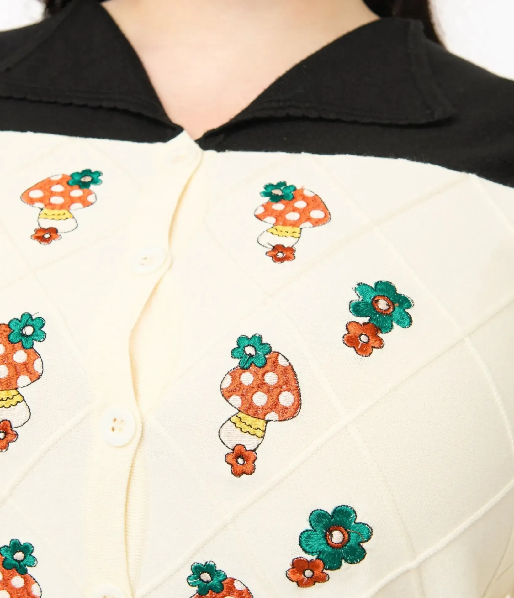 Unique Vintage Sweaters & Cardigans>Smak Parlour Plus Size 1960s Ivory & Black Mushroom Embroidered Cardigan